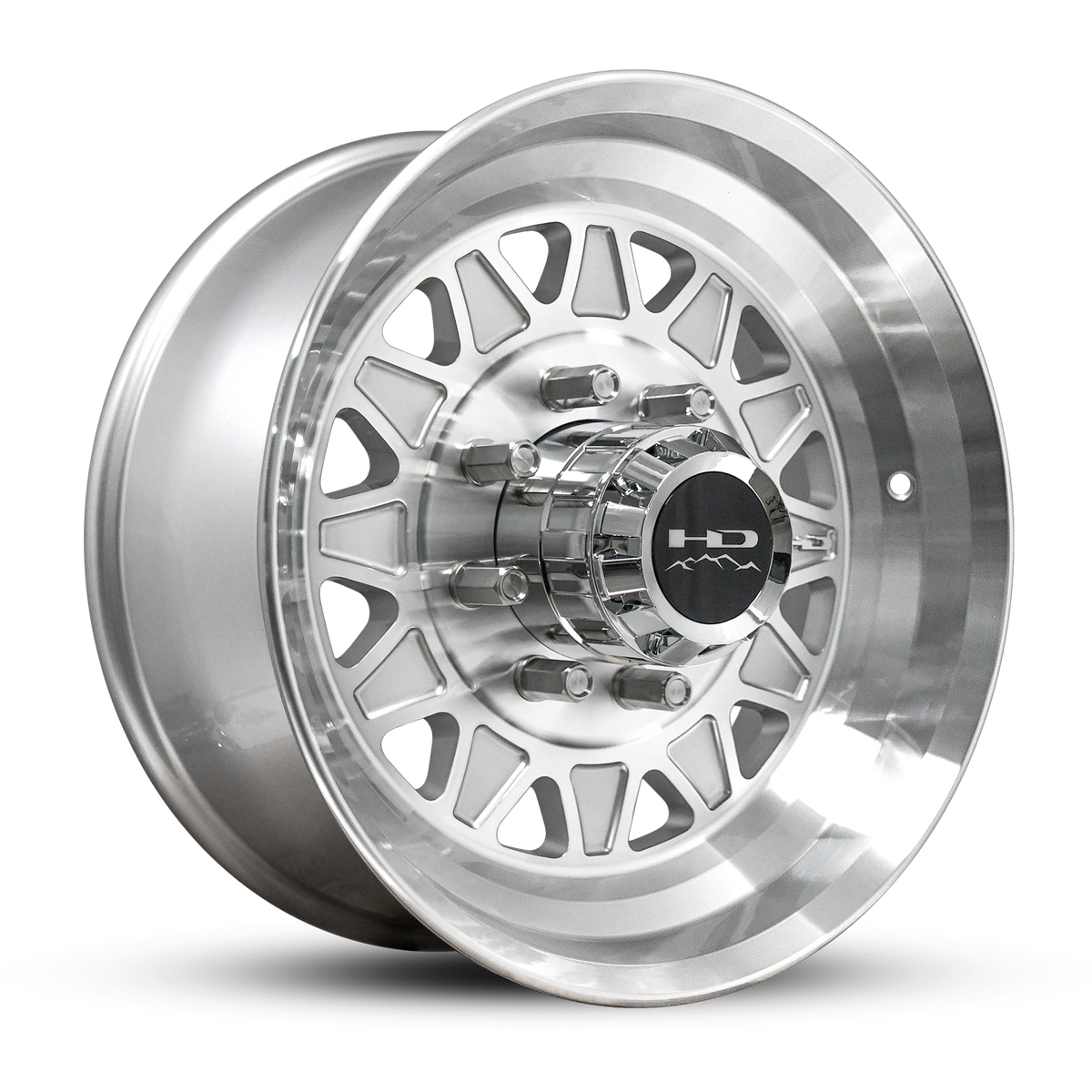 HPD Gloss Silver forged trailer wheel with machined face and HD center cap