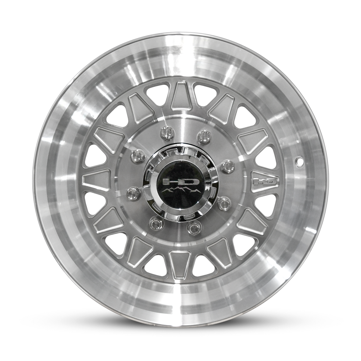 Front view of HPD 17.5 inch silver trailer wheel showing spoke detail
