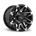 HD Golf Canyon 10-inch golf cart wheel in gloss black with machined face and hook-spoke mesh design