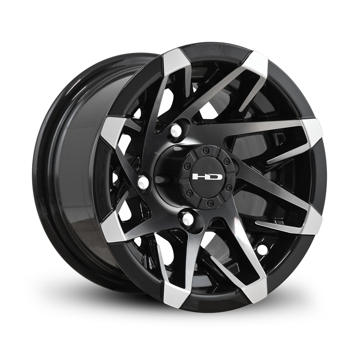 HD Golf Canyon 10-inch golf cart wheel in gloss black with machined face and hook-spoke mesh design