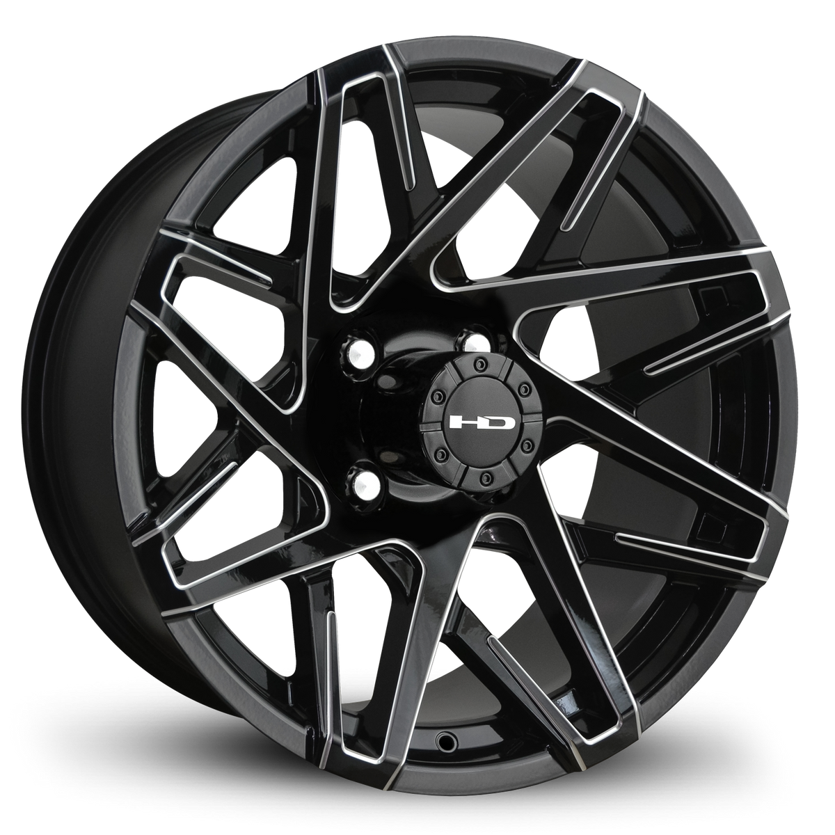 HD Golf Canyon 12-inch golf cart wheel with glossy black finish, milled edge accents, and hook-spoke mesh design