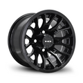 HD Golf RTC 12-inch gloss black golf cart wheel with split 8-spoke mesh design and deep concave profile
