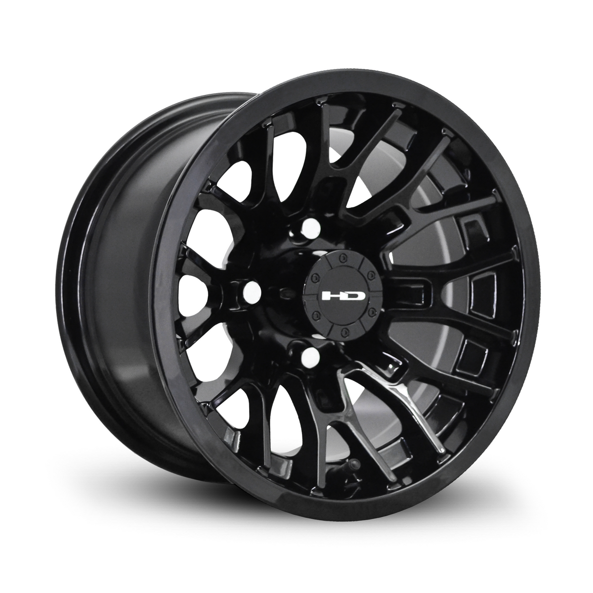 HD Golf RTC 12-inch gloss black golf cart wheel with split 8-spoke mesh design and deep concave profile