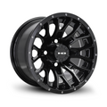 Gloss black HD Golf RTC 12-inch golf cart wheel with split 8-spoke mesh design and rivet detail