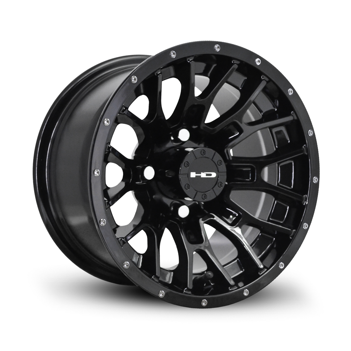 Gloss black HD Golf RTC 12-inch golf cart wheel with split 8-spoke mesh design and rivet detail