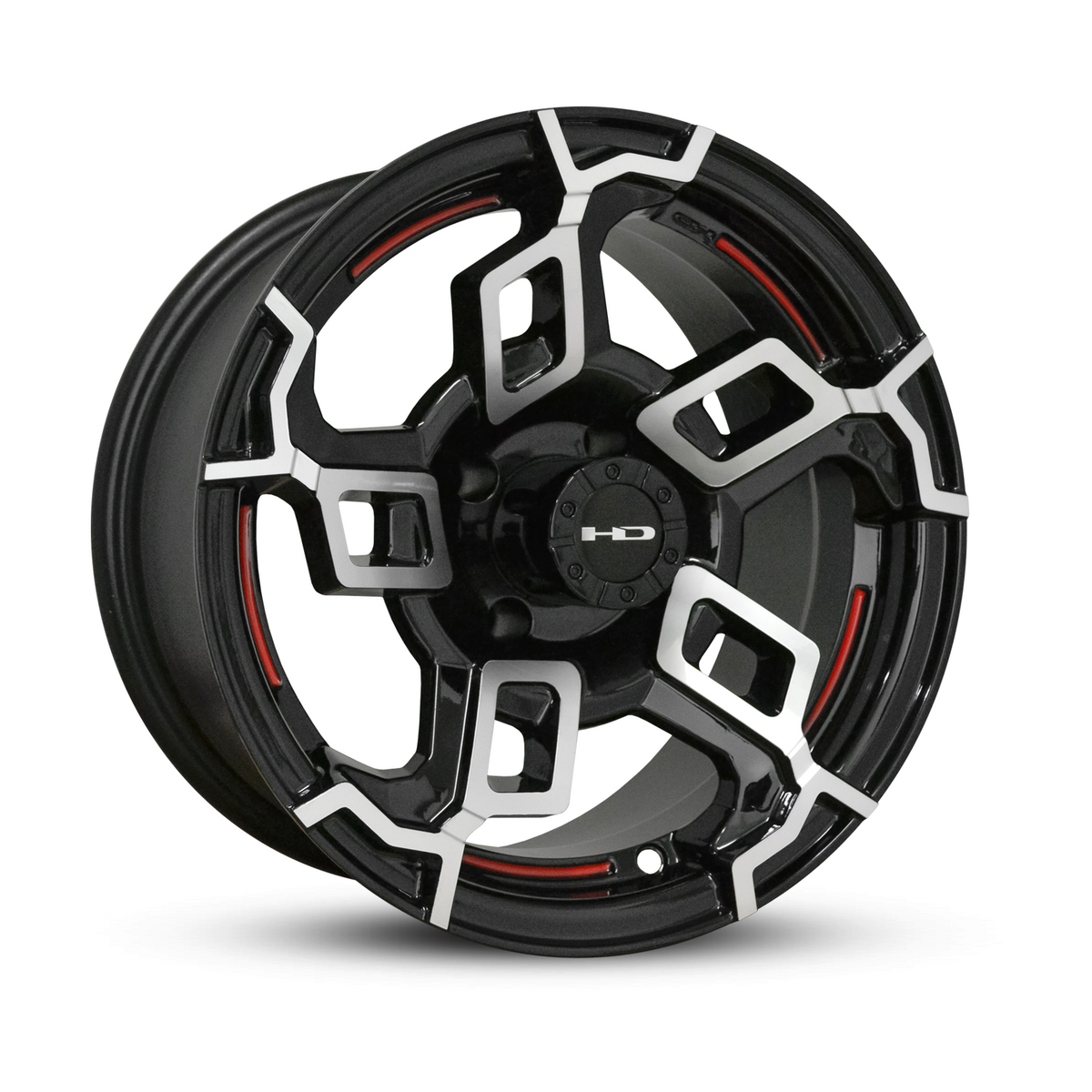 HD Golf Switch 14-inch golf cart wheel in gloss black with machined silver spokes and redline accents