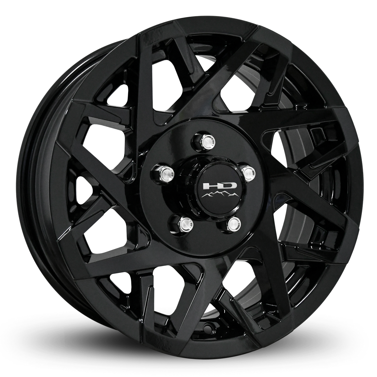 HPD Canyon gloss black trailer wheel with angular cutouts and machined face
