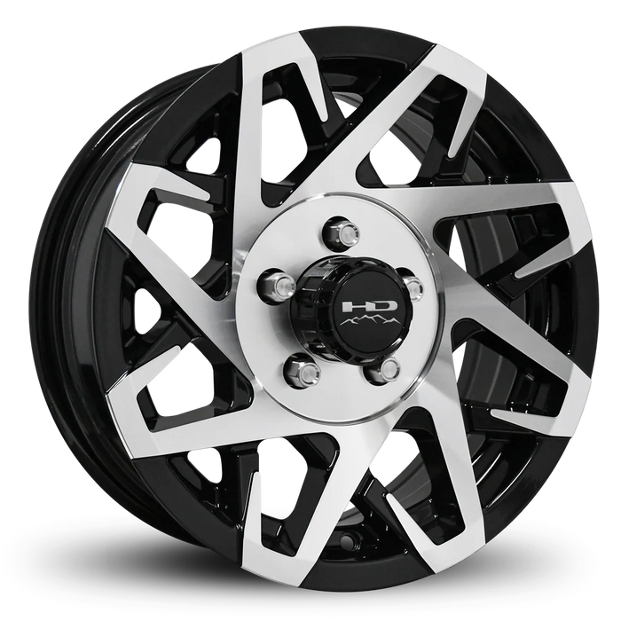 ST205/75R14 8-Ply Trailer Tire on 14" 5-4.5 Gloss Black Machine Face Canyon Wheel