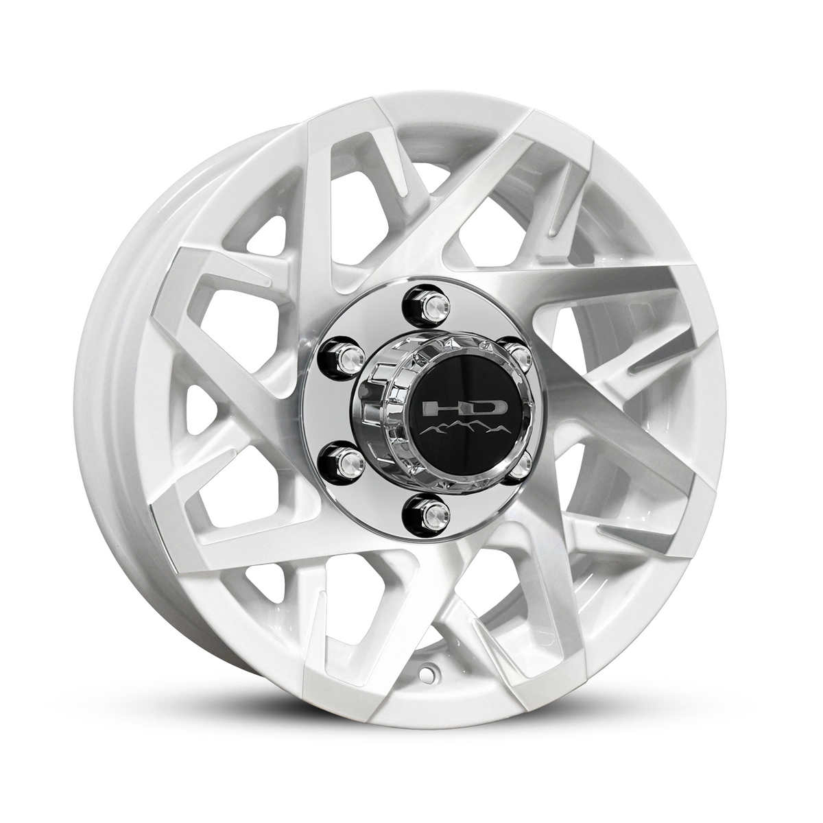 HPD Canyon gloss white trailer wheel with machined face spokes and HD logo center cap