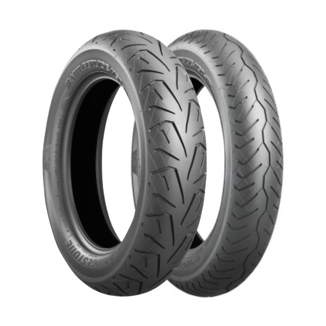 Bridgestone Battlecruise H50 cruiser tire set for Harley Street Glide Special and Road Glide Special, showing tread pattern and sidewall branding