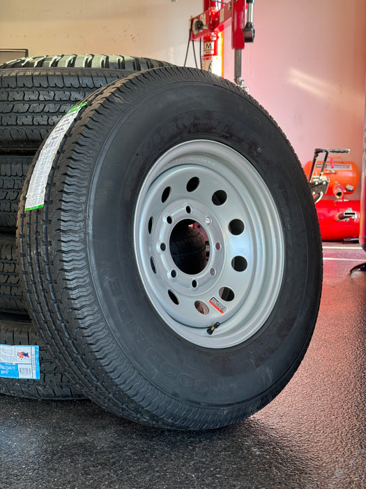 235/80R16 10-Ply Trailer Tire on 16" 8-6.5 Silver Modular Wheel