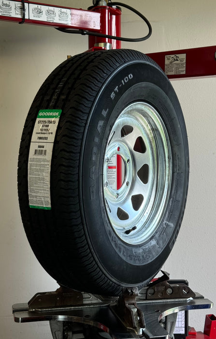 225/75R15 10-Ply Trailer Tire on 15" 6-5.5 Galvanized Spoke Wheel