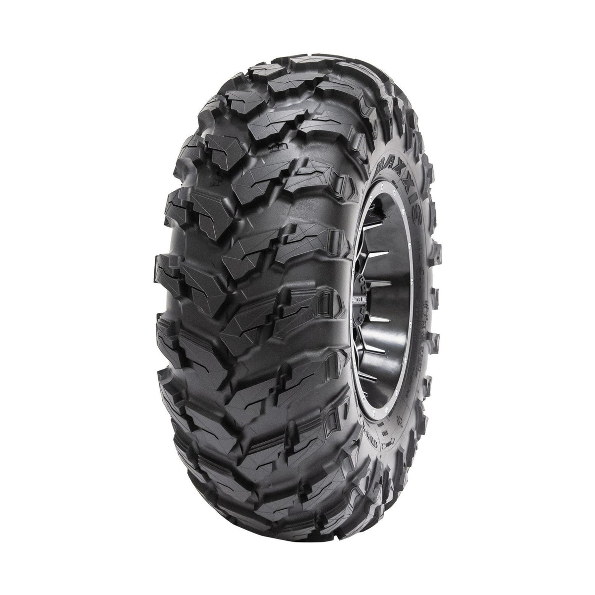 Maxxis MU511 6PR ATV tire mounted on silver alloy wheel showing sidewall branding