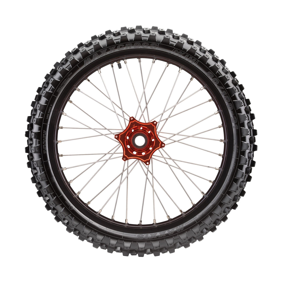 Maxxis 70/100-19 Maxxcross MX-IH tire mounted on spoked wheel assembly