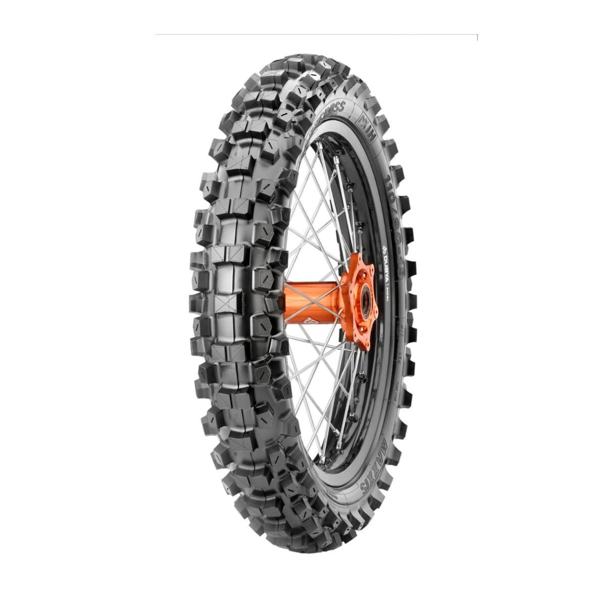 Maxxis Maxxcross MX-IH rear tire on silver spoked wheel with orange hub, highlighting rugged tread design