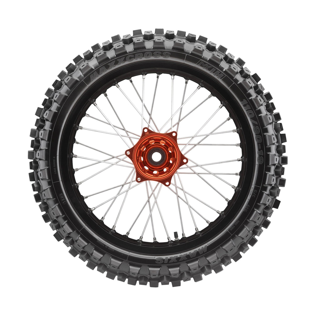 Maxxis Maxxcross MX-IH rear dirt bike tire mounted on spoked wheel