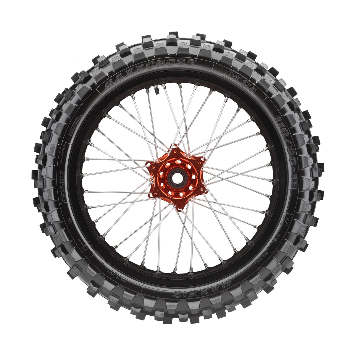 Maxxis Maxxcross MX-SI rear motocross tire on spoked wheel with orange hub