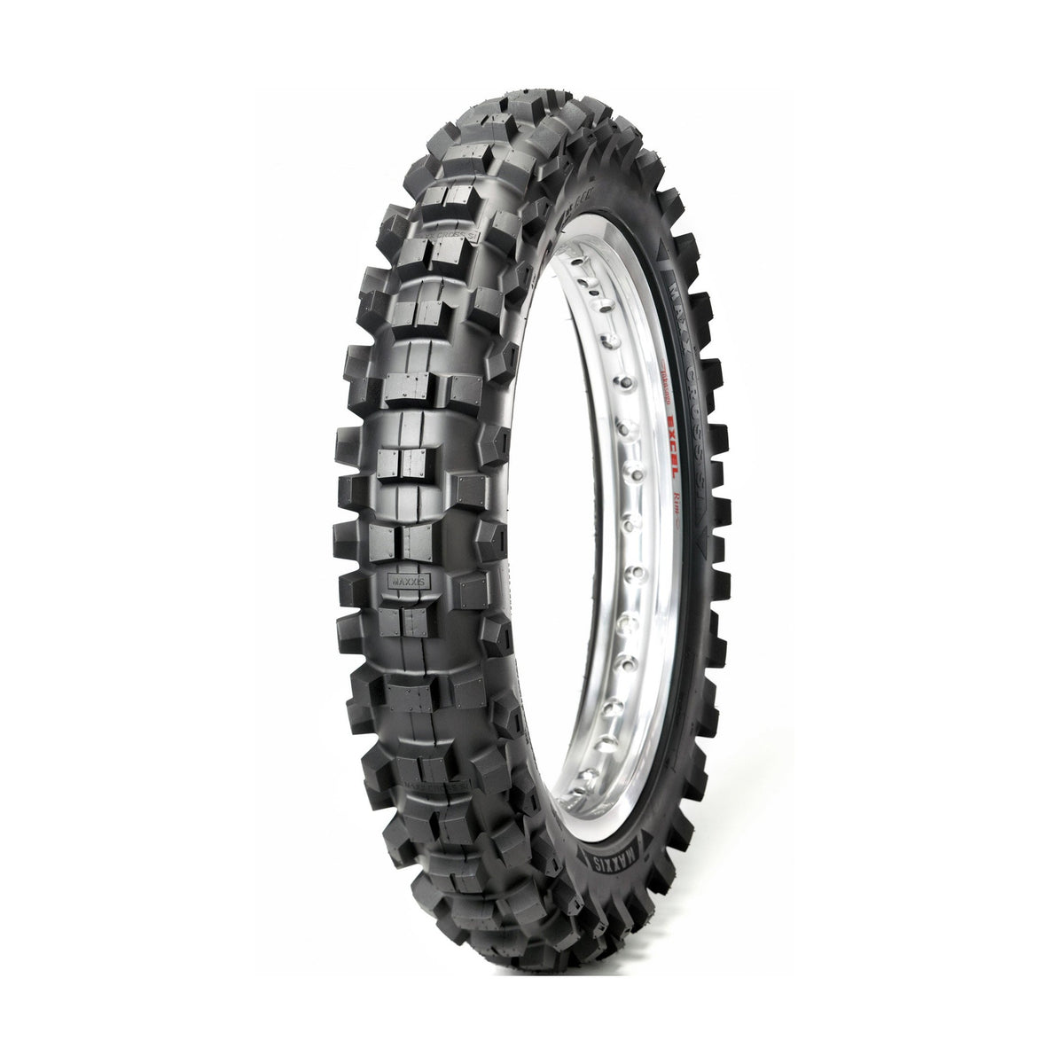 Maxxis M7312 Maxxcross SI rear dirt bike tire with aggressive blocky tread pattern on silver alloy rim