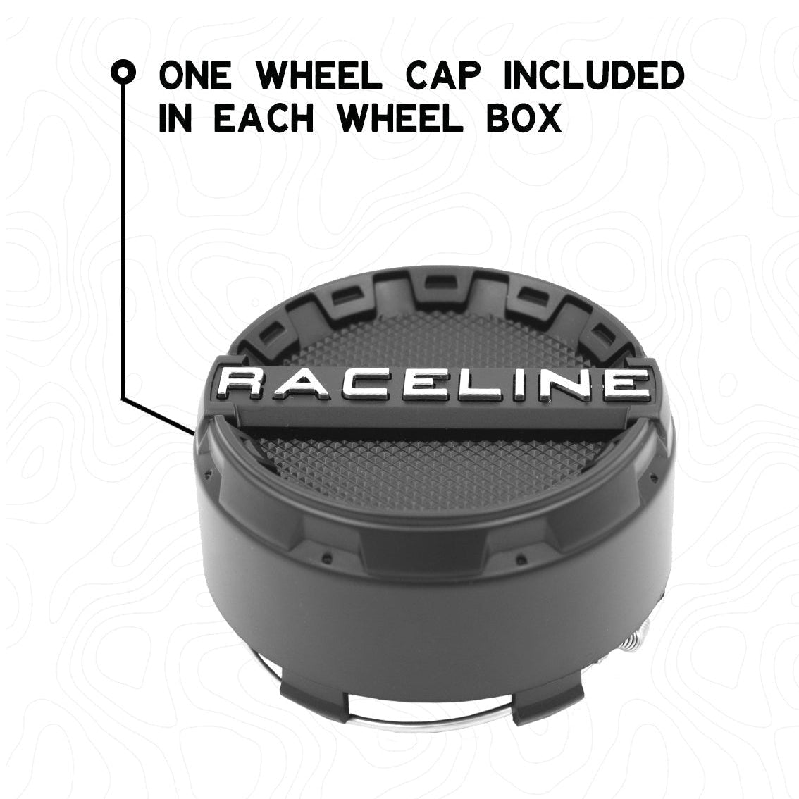 Raceline diamond plate center cap with embossed logo and spring-loaded retention mechanism included