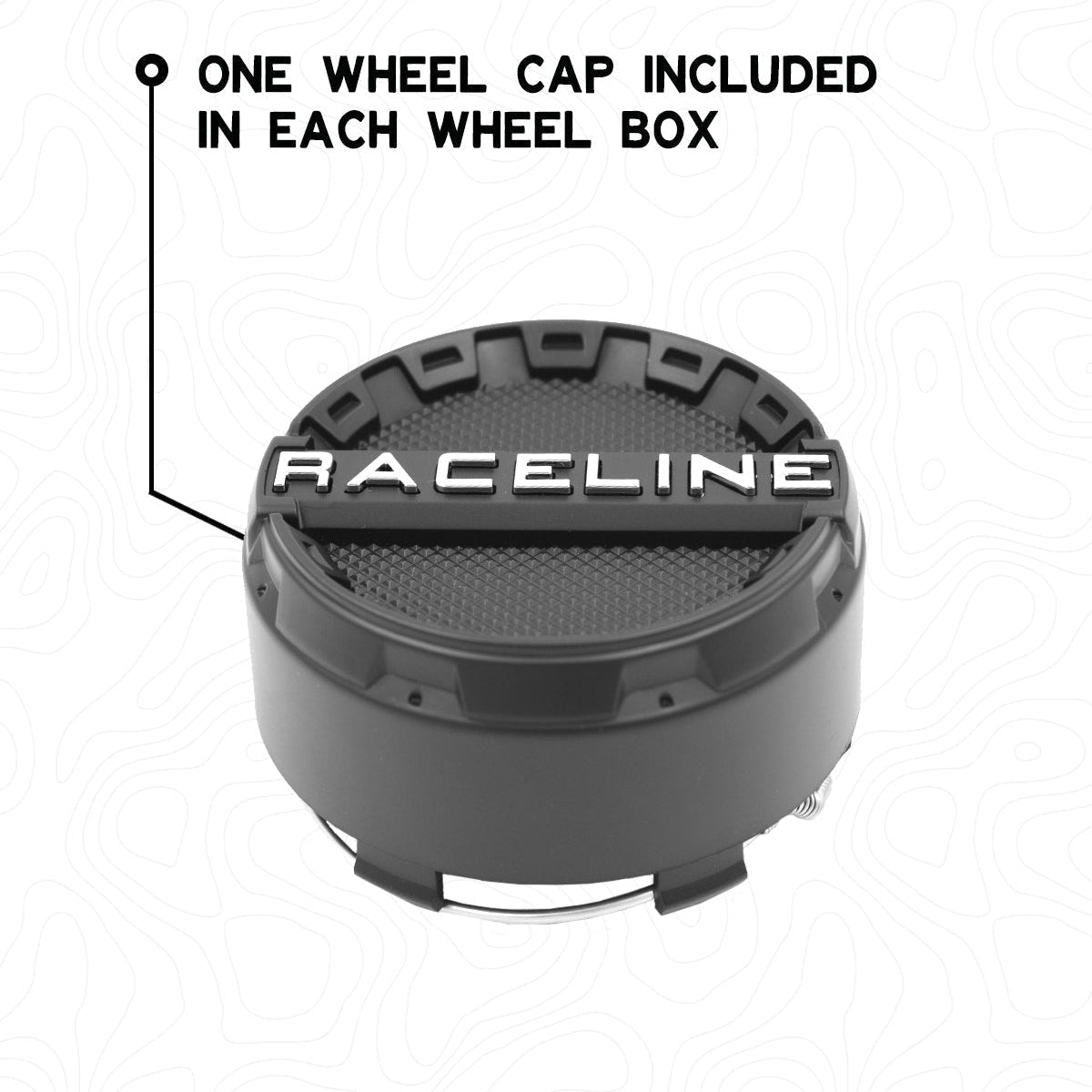 Black Raceline snap-in center cap with chrome logo and textured edge included with wheel