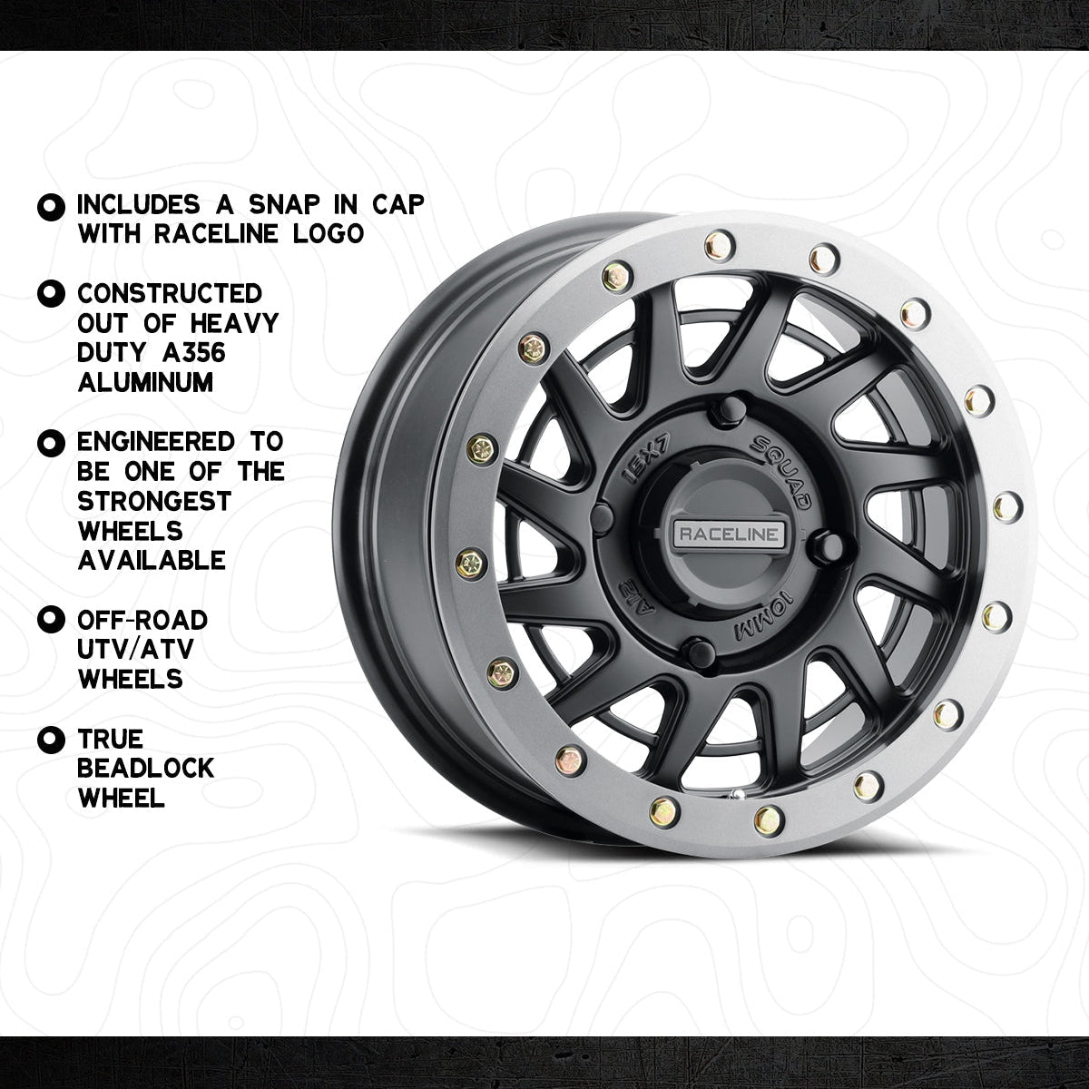 Raceline Squad true beadlock wheel specifications including A356 aluminum construction