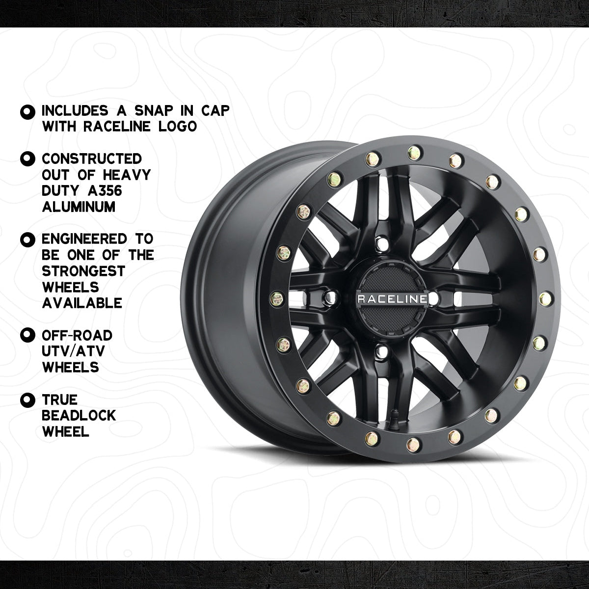 Raceline Ryno Beadlock 15x10 4x156 (5+5) Black w/ Black Ring