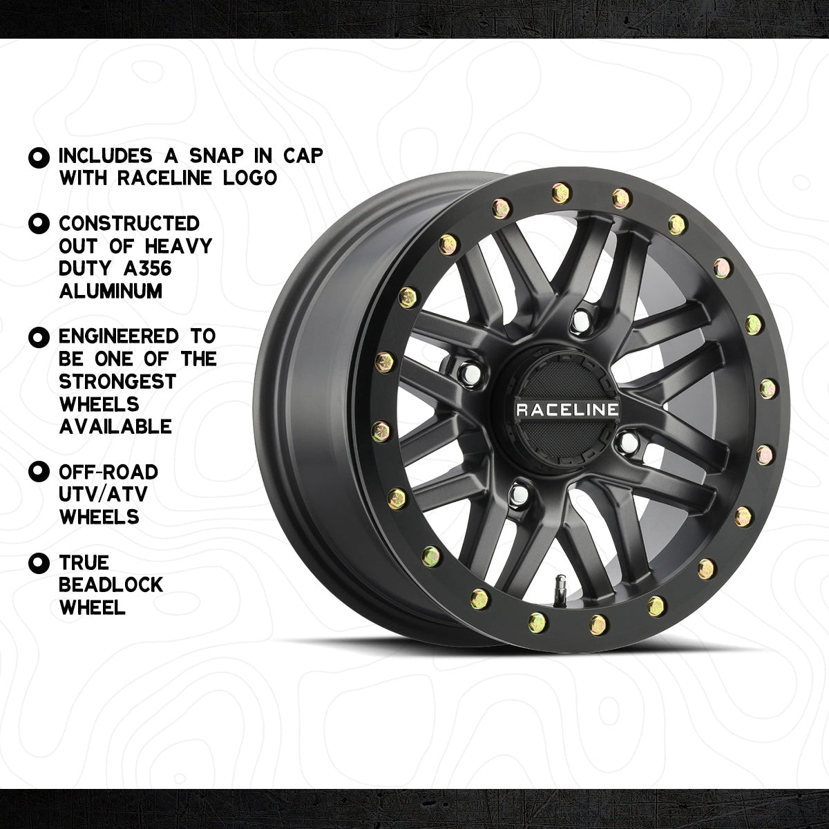 Raceline Ryno A356 aluminum beadlock wheel feature graphic with snap-in cap