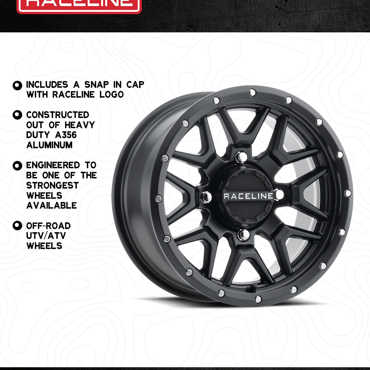Side angle of heavy duty A356 aluminum black matte Raceline off-road wheel with snap-in cap