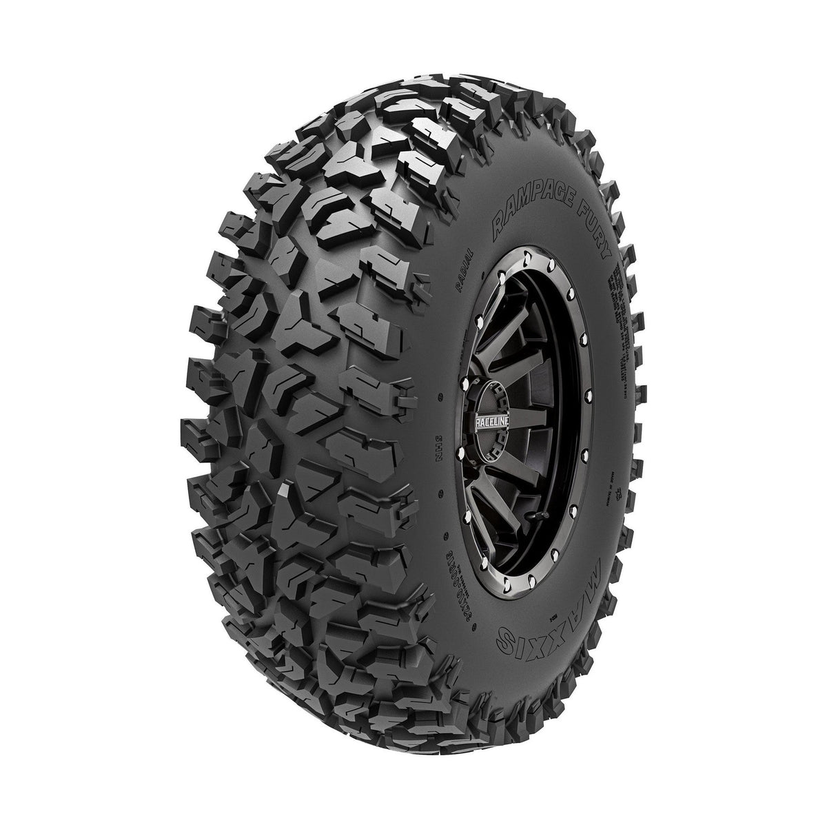 Maxxis Rampage Fury UTV tire mounted on Balkline wheel with sidewall branding