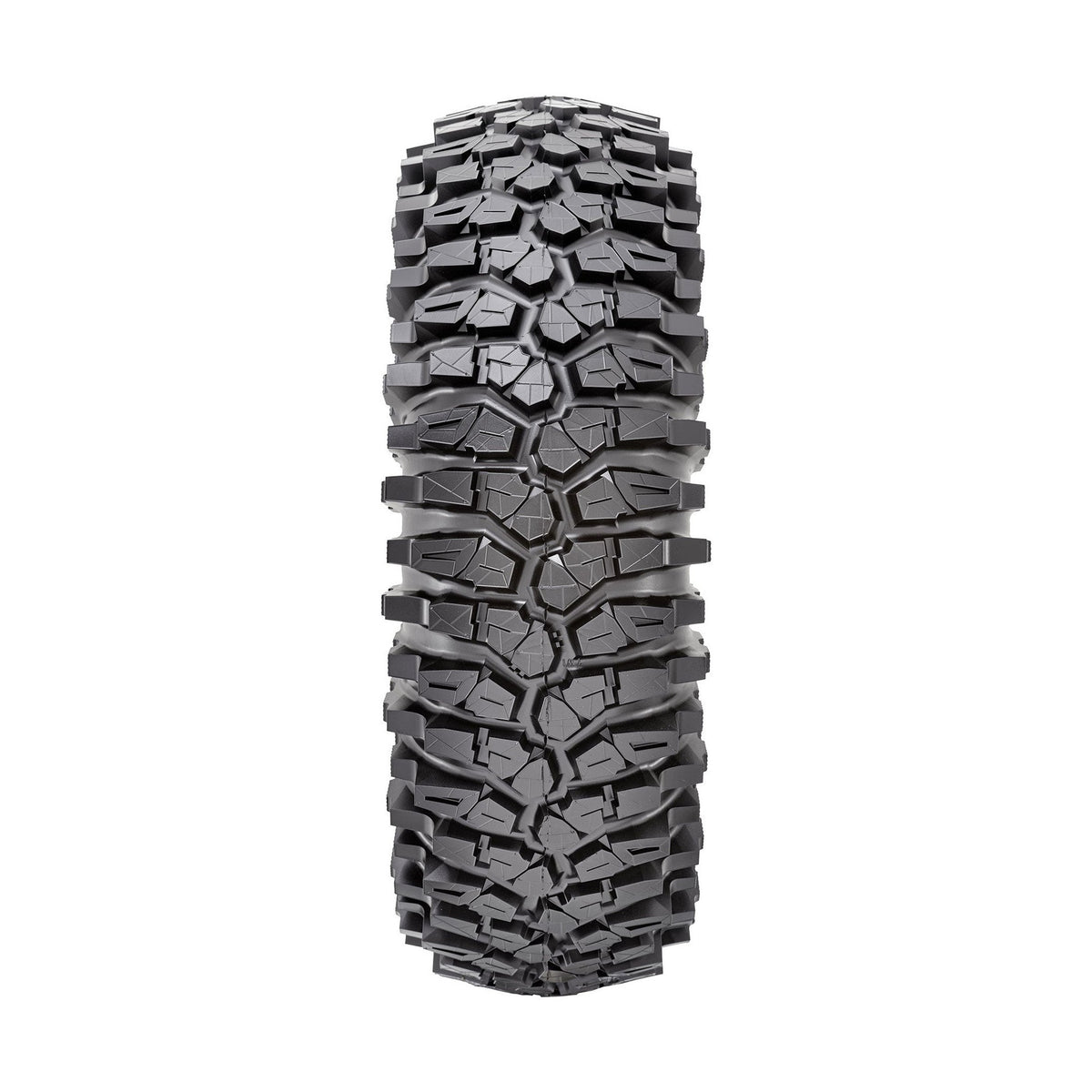 Front tread face of Maxxis Roxxzilla UTV tire highlighting blocky pattern for rock crawling