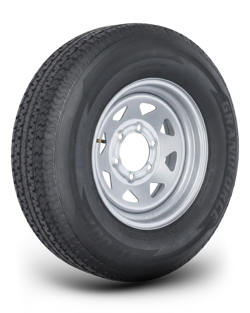 ST225/75R15 10-Ply Trailer Tire on 15" 6-5.5 Galvanized Spoke Wheel