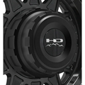 Black HD hub centric center cap with rugged stepped design and mountain logo