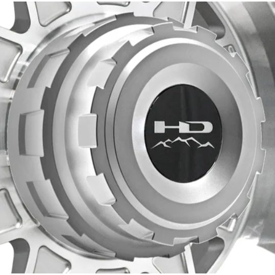 Silver machined aluminum HD hub centric center cap with black emblem detail