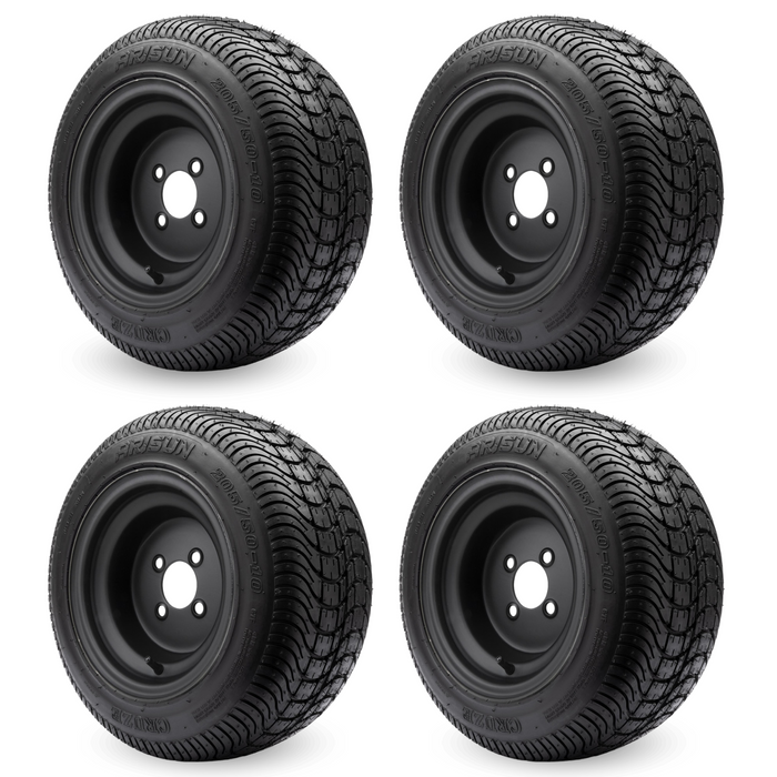 Set of 4 205/50-10 Golf Cart Tires on 10" 4-4 Black Steel Wheels