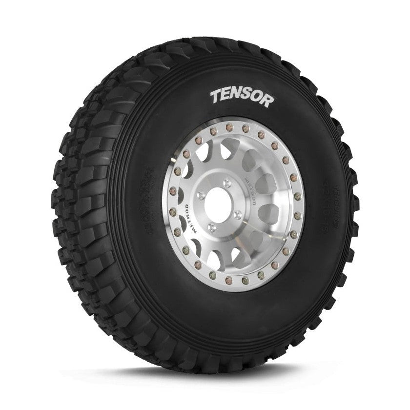 Tensor Desert Series DS UTV tire 32x10-15 with aggressive block tread on silver wheel