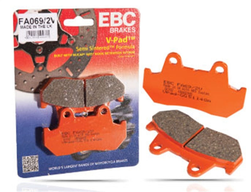EBC V-Pad semi-sintered brake pad packaging card with orange coated pads and engraved part details