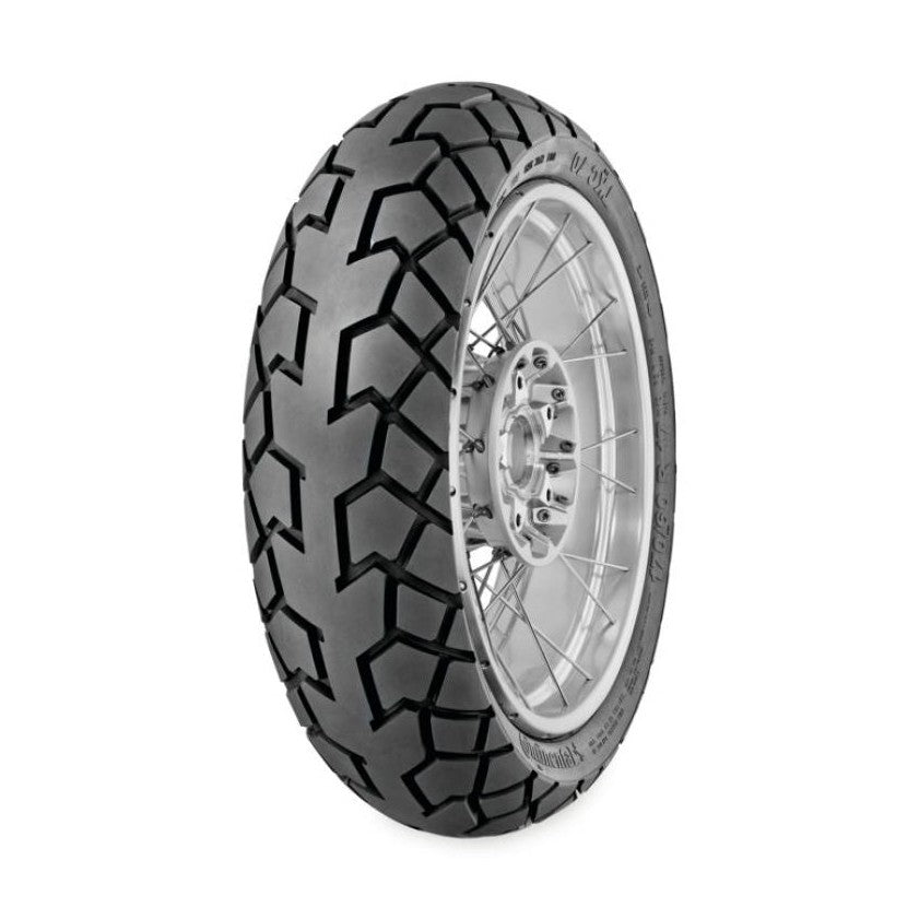 Continental TKC 70 dual-sport motorcycle tire with block tread pattern for on-road stability and off-road traction