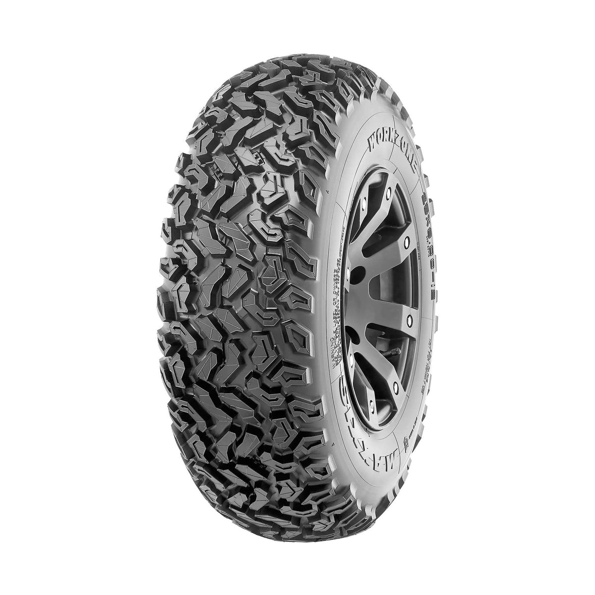 Maxxis Workzone 25x8.00-12 ATV tire with aggressive blocky tread and raised lettering on sidewall
