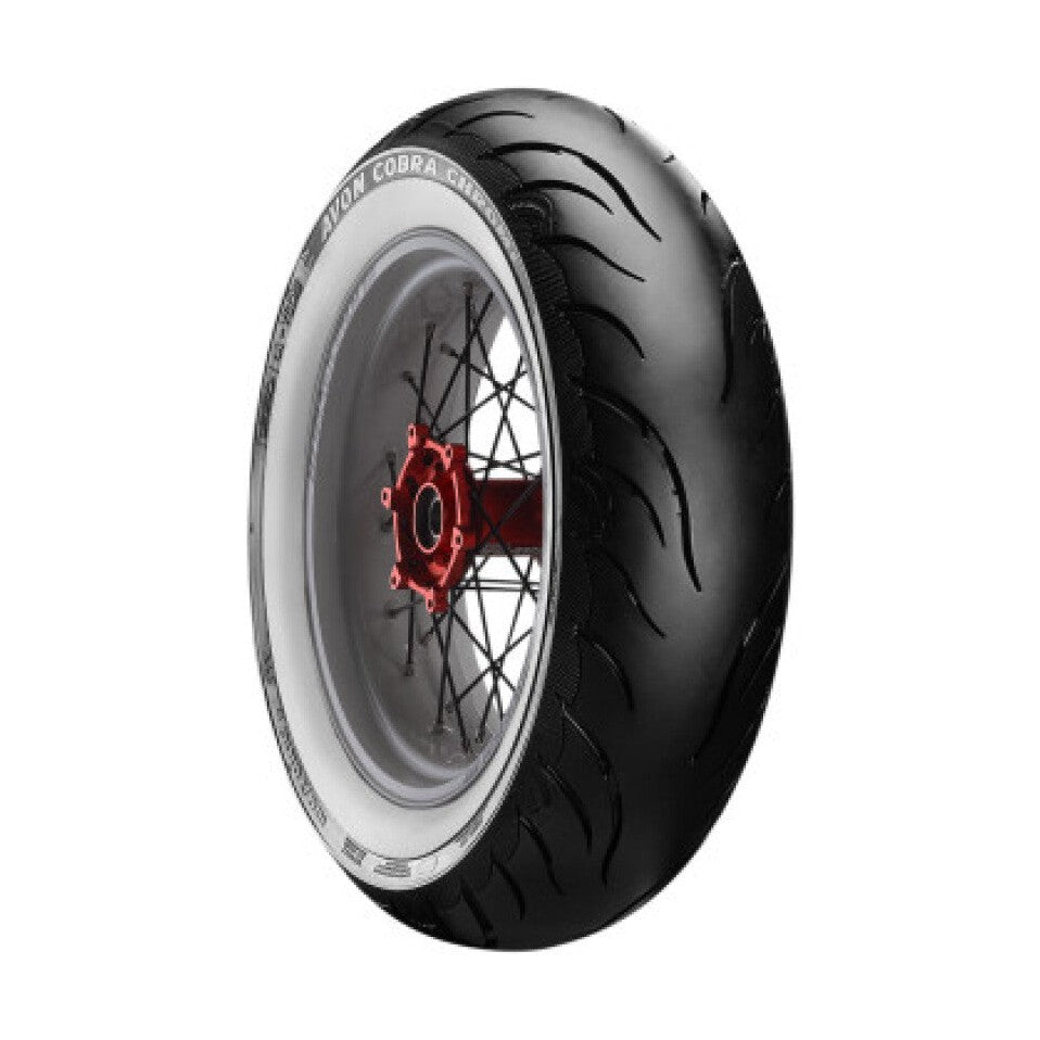 Avon Cobra Chrome AV92 rear cruiser tire with white sidewall and embossed cobra head