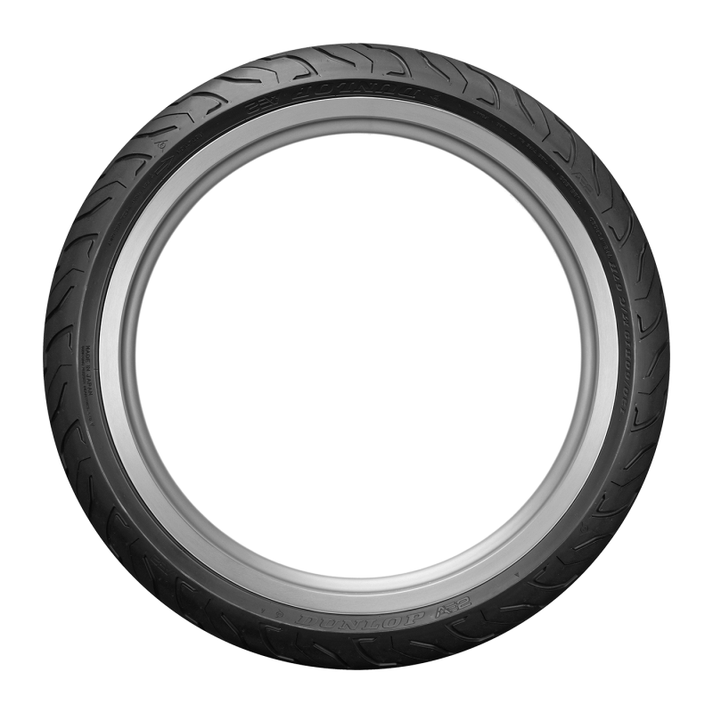 Front view of Dunlop AE2 bias motorcycle tire with Made in Japan label
