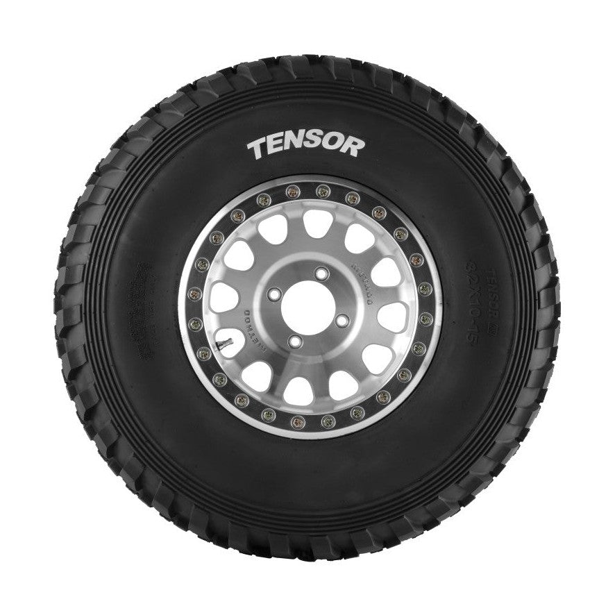 Front view of 32x10-15 Tensor Desert Series DS UTV tire with white lettering and deep lugs