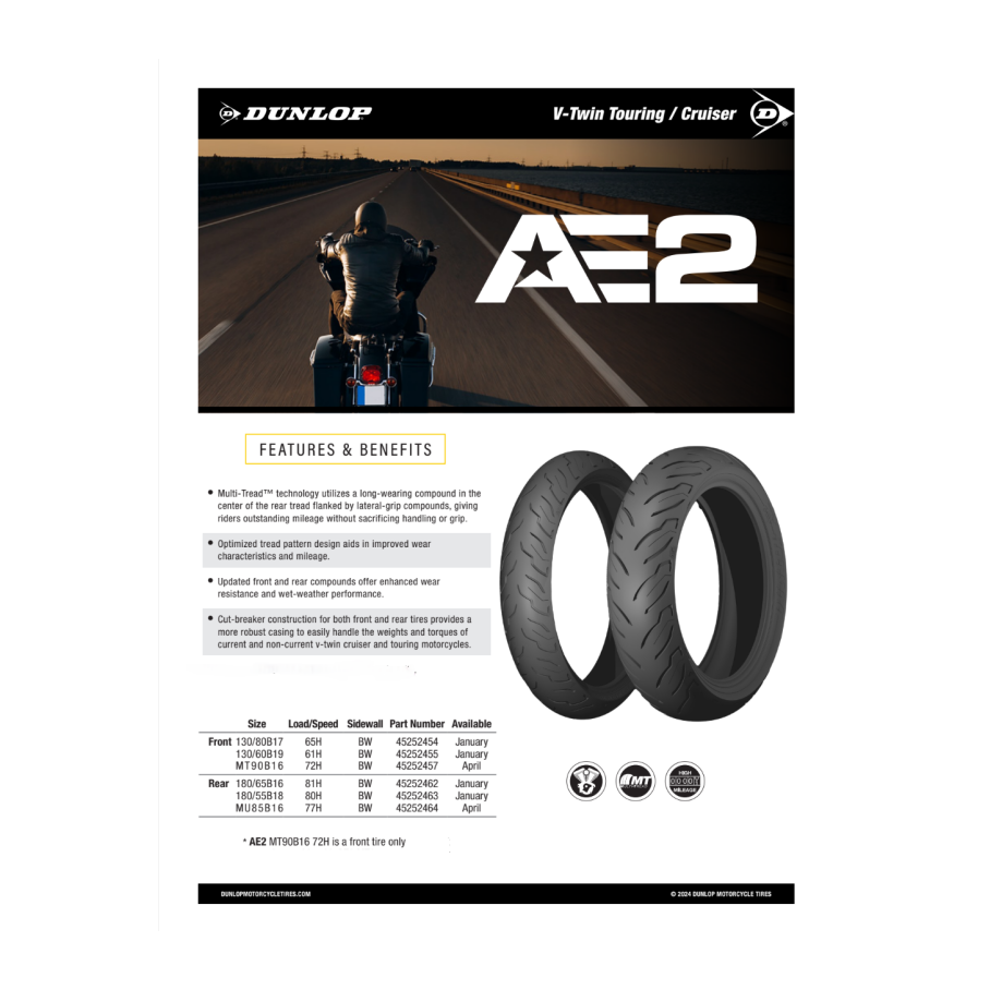 Dunlop AE2 Multi-Tread technology features for Harley-Davidson V-Twin touring tires