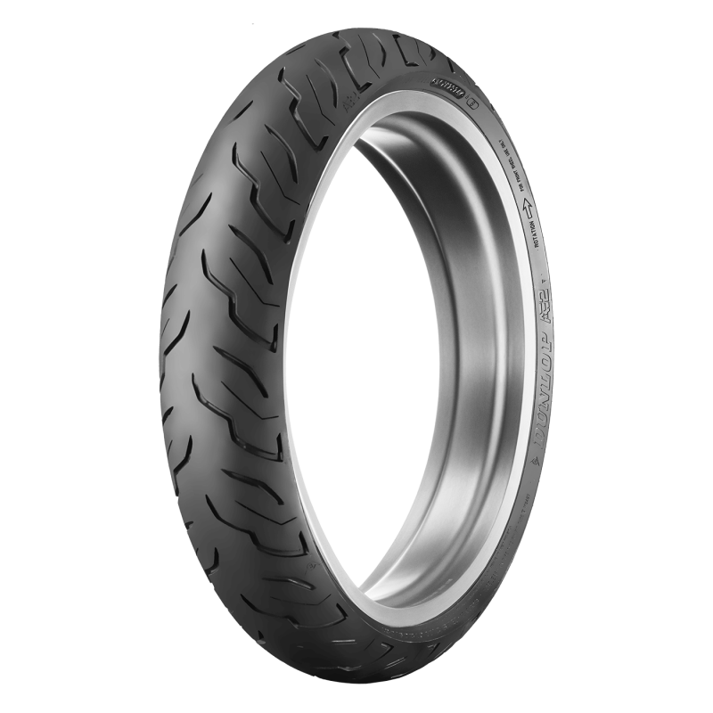 Dunlop AE2 cruiser tire mounted on silver rim showing sidewall branding