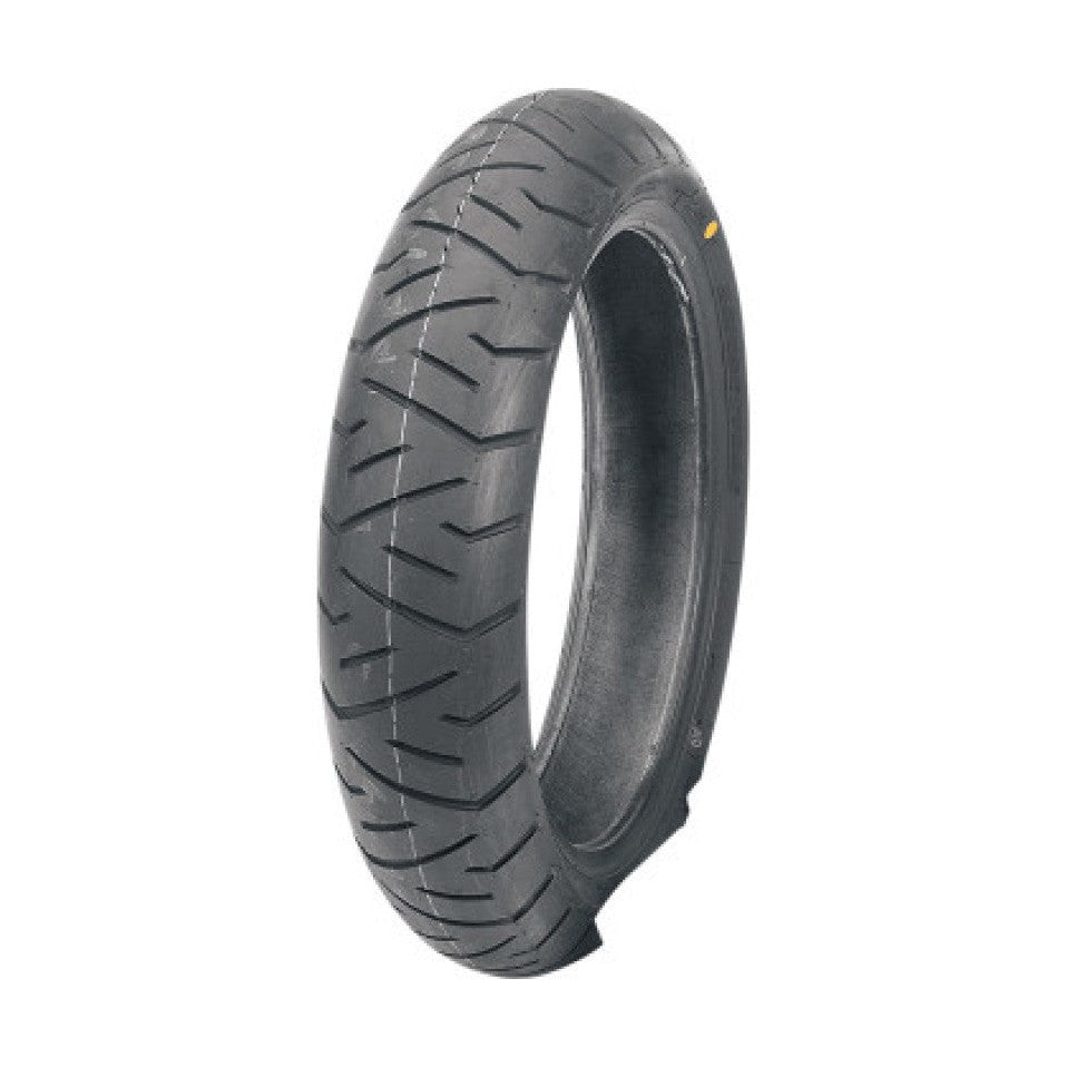 Bridgestone Battlax TH01 front scooter tire showing symmetrical tread pattern and wear indicator