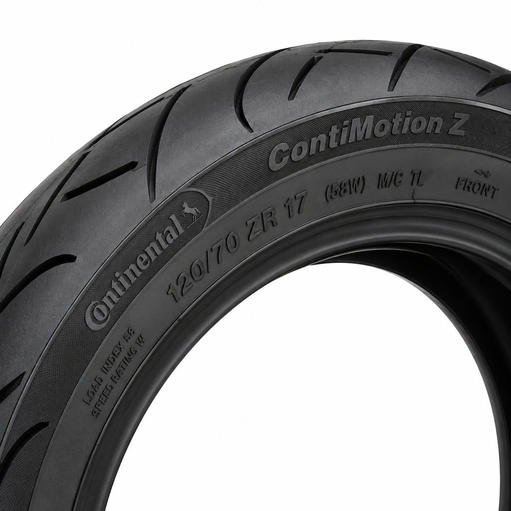 Close-up of Continental ContiMotion Z front tire sidewall markings