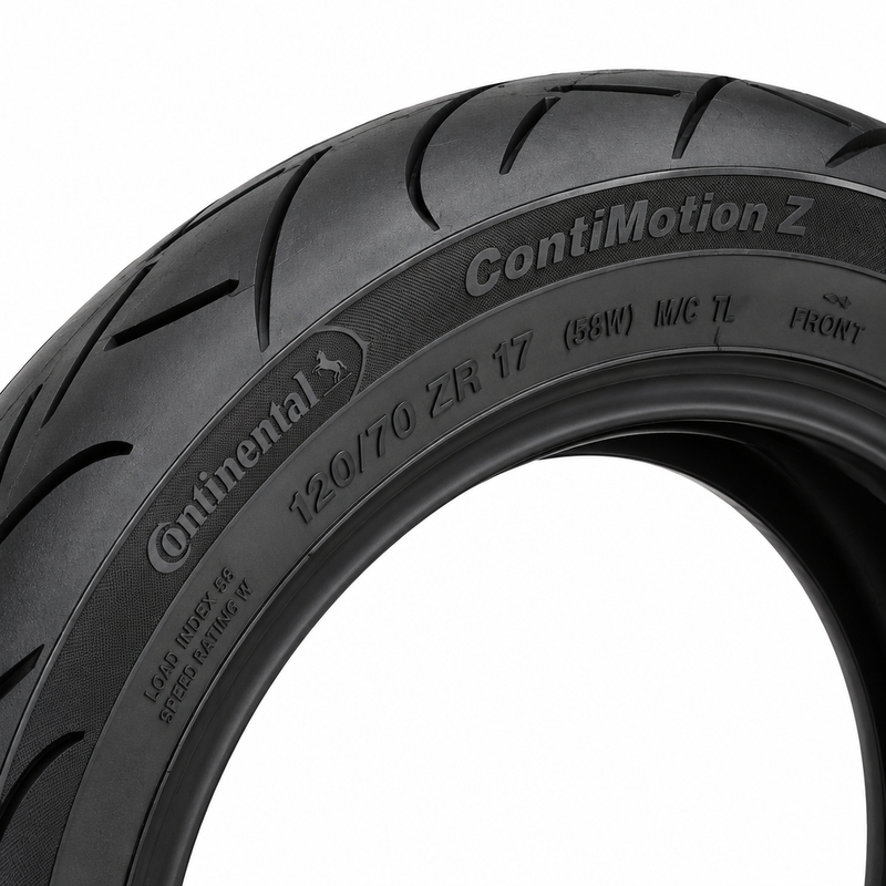 Close-up of Continental ContiMotion Z front tire sidewall markings