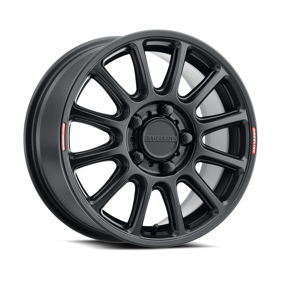 Side view of Raceline Alpha 15-inch UTV wheel showing matte satin black finish and lug nuts