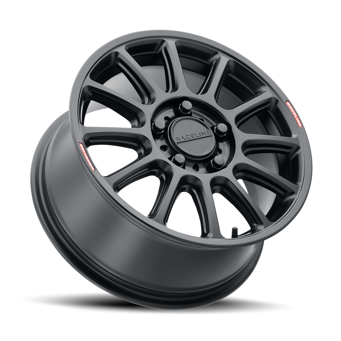 Raceline Alpha 15x7 Satin Black ATV wheel with multi-spoke design and red logo decals