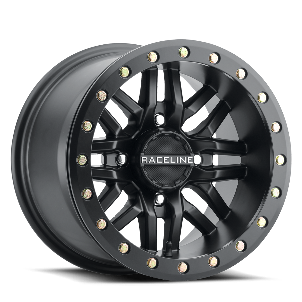Pair of matte black Raceline Ryno beadlock wheels showing spoke design