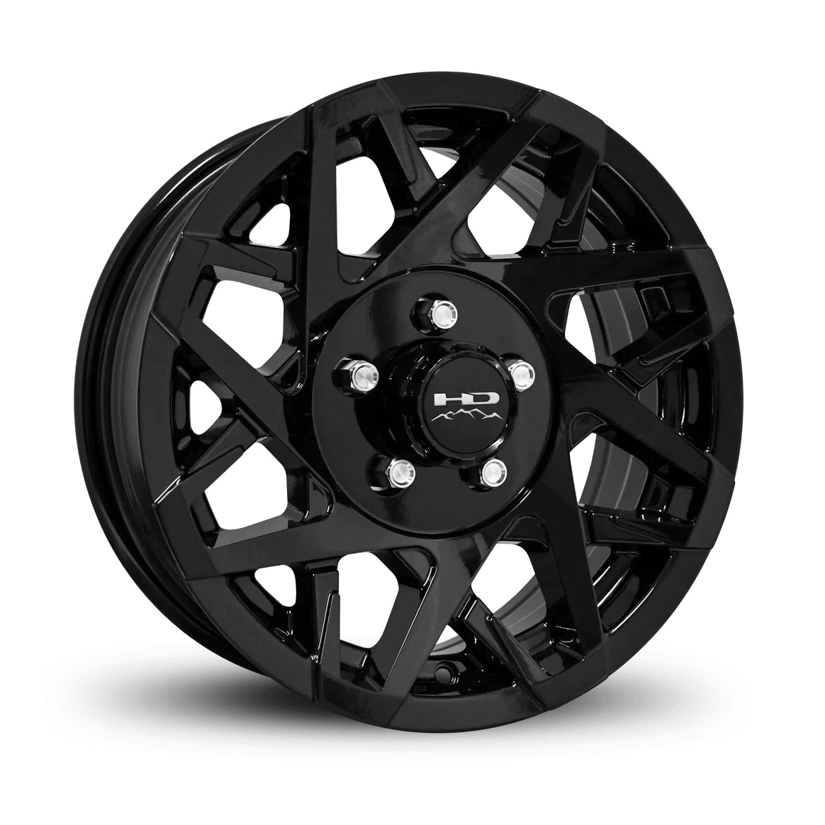 Gloss black Canyon alloy trailer wheel with angular spokes and HD center cap